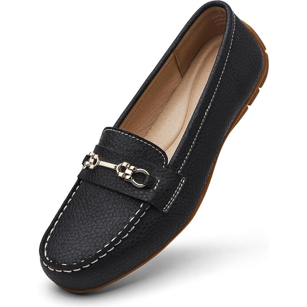 Kordal Women's Black Leather Gold Accent Buckle Slip-Ons Walking Flats Loafers